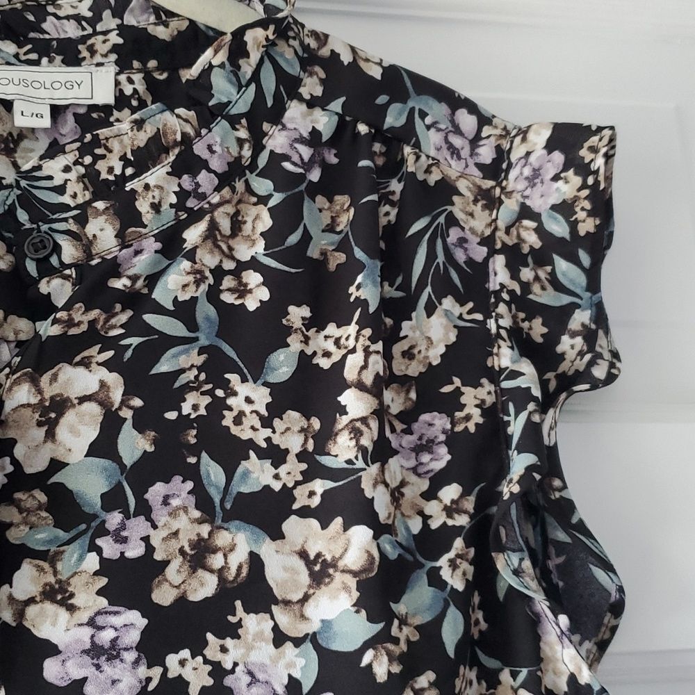 BLOUSOLOGY SLEEVELESS RUFFLE POPOVER TOP BLOUSE LARGE FLORAL FLOWY FALL BLACK - Picture 3 of 12